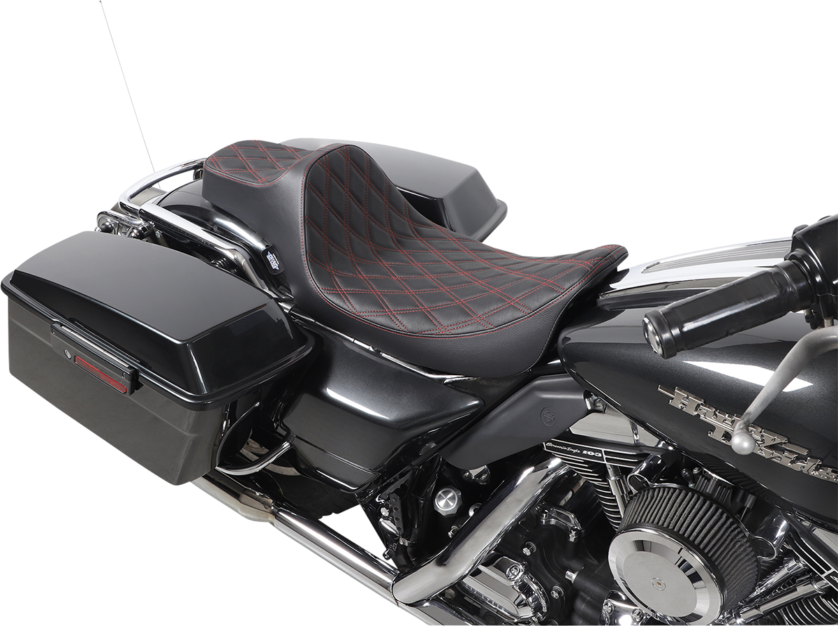 DRAG SPECIALTIES SEATS, Drag Specialties Seats Extended Reach Predator III Seat for Harley FL Models 1999-2007 – Black with Red Stitching