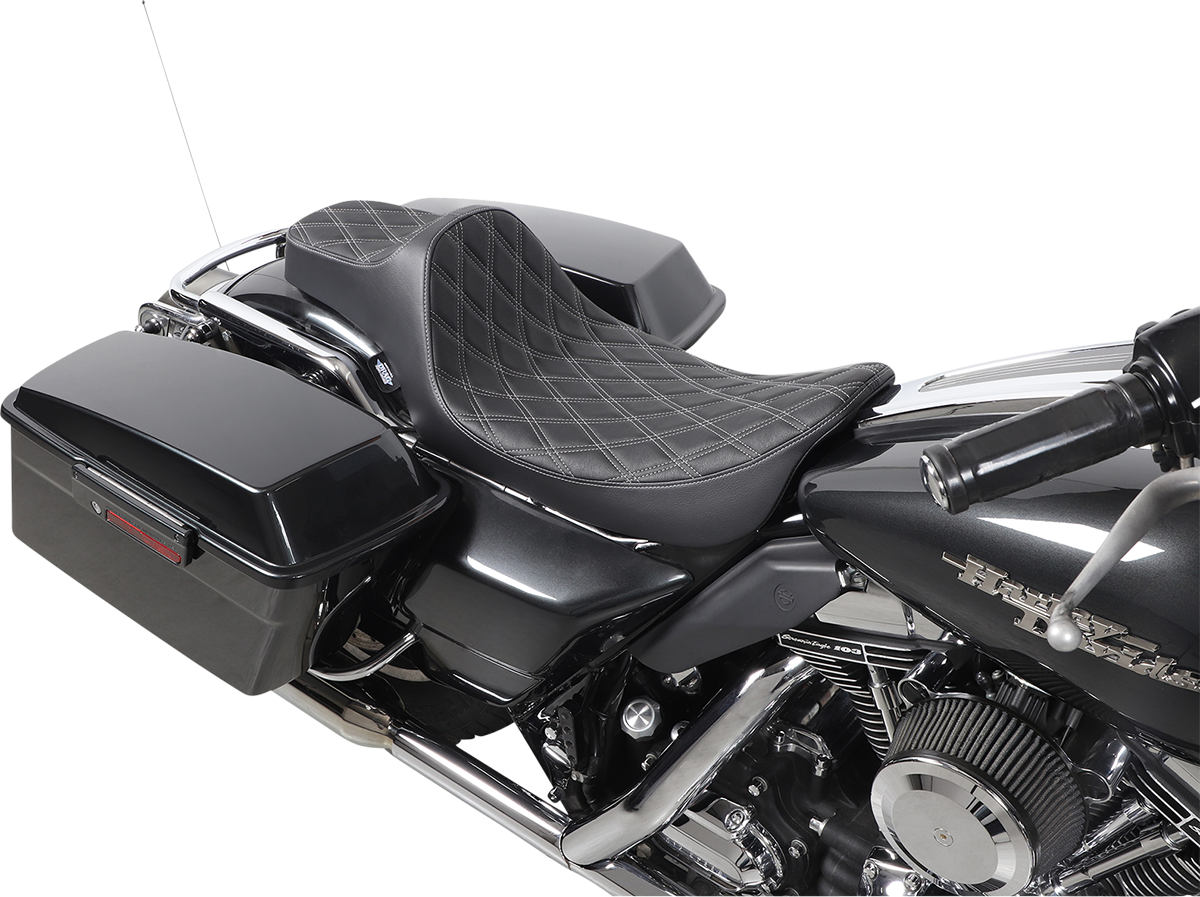 DRAG SPECIALTIES SEATS, Drag Specialties Seats Extended Reach Predator III Seat for Harley FL Models, Black with Silver Stitching – Part #08011370