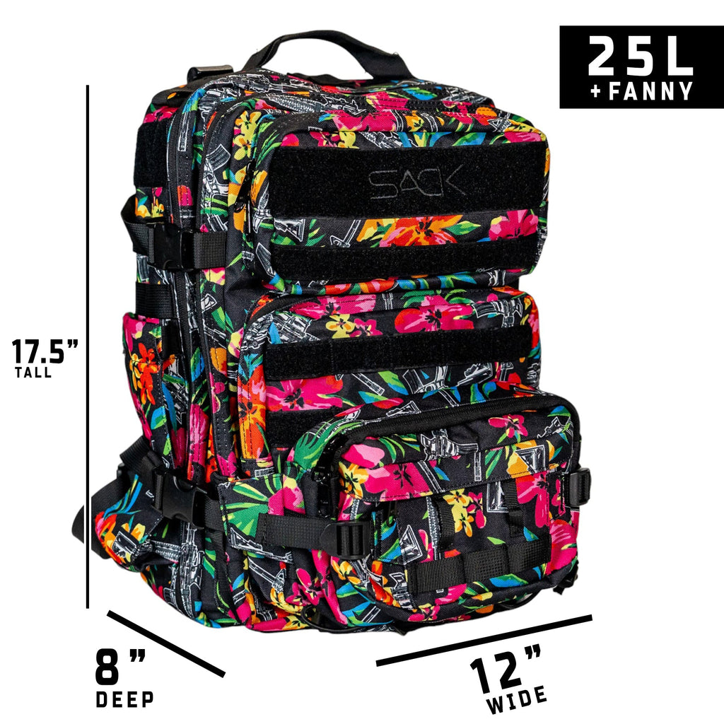 Functional overview of the vibrant Combat Iron Apparel 25L Sack™ Original All-Day Molle Backpack with Pouch for outdoor use.