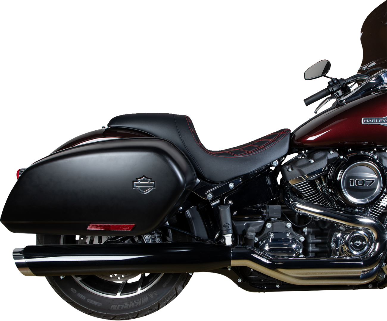 DRAG SPECIALTIES SEATS, DRAG SPECIALTIES SEATS Predator Seat with Double Diamond Vinyl and Red Stitching for Harley FLSB/FXLR '18-'23 (Part #0802-1519)