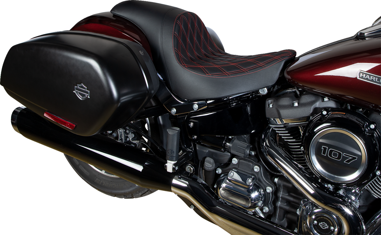 DRAG SPECIALTIES SEATS, DRAG SPECIALTIES SEATS Predator Seat with Double Diamond Vinyl and Red Stitching for Harley FLSB/FXLR '18-'23 (Part #0802-1519)