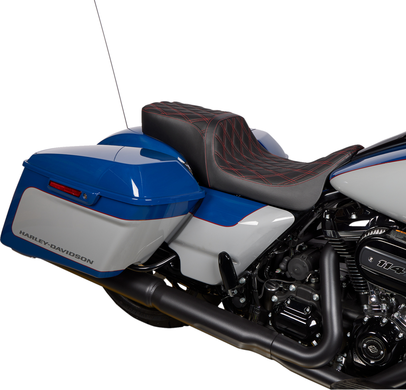 DRAG SPECIALTIES SEATS, Drag Specialties Seats Predator 2-Up Seat with Vinyl Cover and Double Diamond Red Stitch for Harley FL 2008-2023 - Part Number 0801-1494