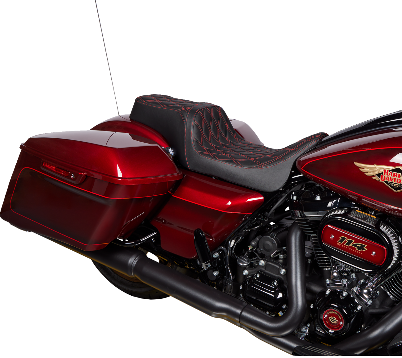 DRAG SPECIALTIES SEATS Predator 1Up Seat with Vinyl Cover, Double Diamond Red Stitch for Harley FLH 2008-2023 (Part Number 08011491)