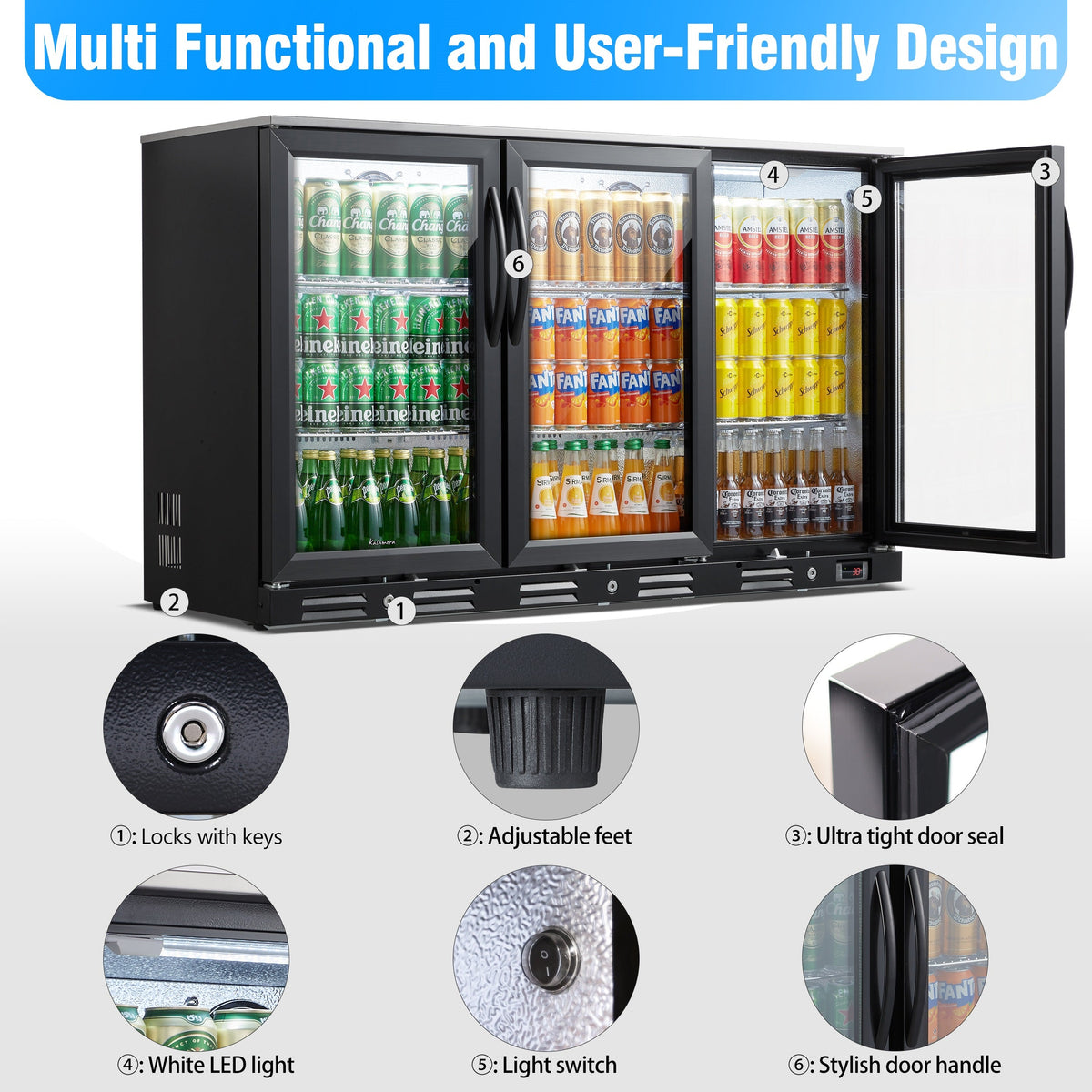 Kalamera three-door 11.2cu.ft back bar undercounter commercial beverage cooler with 304 S/S top board