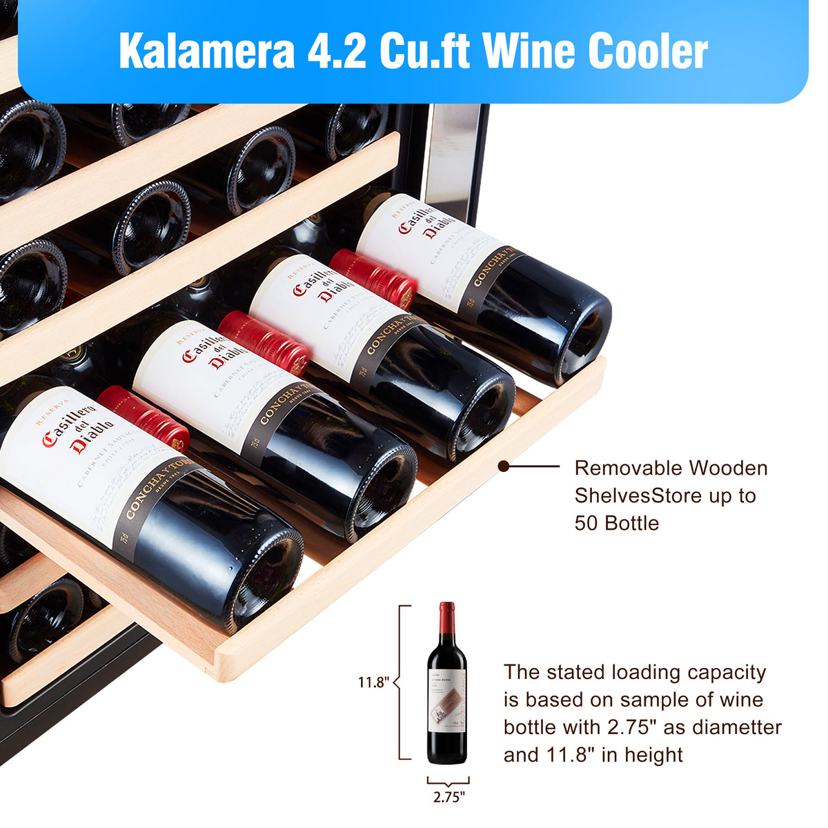 Kalamera 50 Bottle Compressor Wine Refrigerator Single Zone with Touch Control