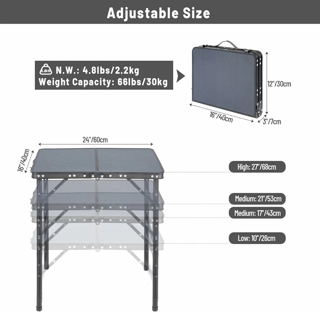 Aluminum Folding Camping Table with Adjustable Height Legs, 2/3/4ft