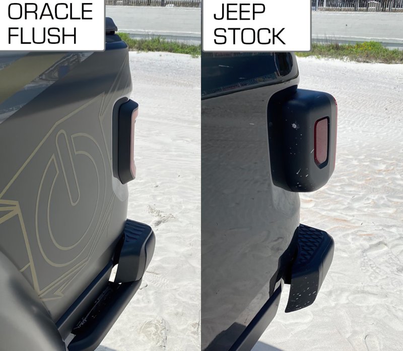 Comparison of ORACLE Lighting Flush Mount LED Tail Lights for Jeep Gladiator JT and stock tail lights, showing the sleek flush design.