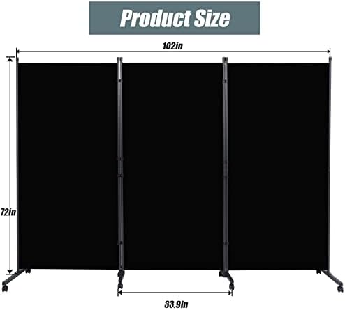 Room Divider 102'' Wide Folding Privacy Screen, 3 Panel Wall Divider w/Wheel