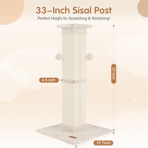 Cat Scratching Post 33 inch for Indoor Cats, High Cat Scratch Post Beige