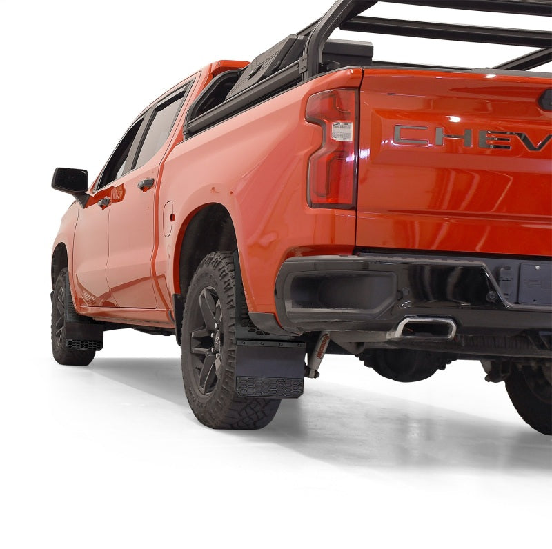 Putco Hex Shield Series Mud Skins installed on a Ram truck, illustrating their stylish finish and rugged functionality.