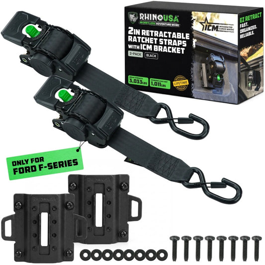 Rhino USA15+Ford F150/17+ F250 2in Retractable Ratchet Straps w/Bracket - Black