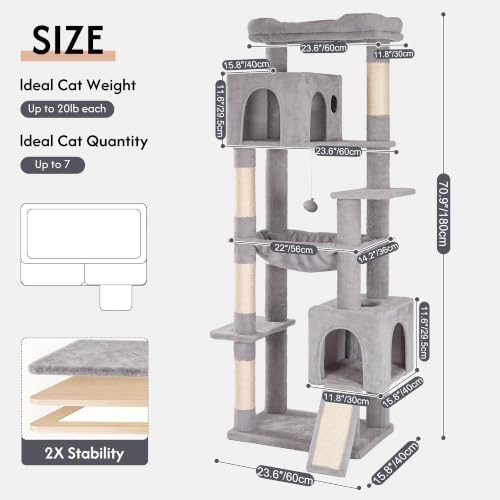 XXL Cat Tree Tower 70”with Oversized Bed, 2 Condos
