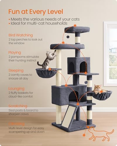 Feandrea Cat Tree, 68.5-in Tall Cat Tower, Dark Gray