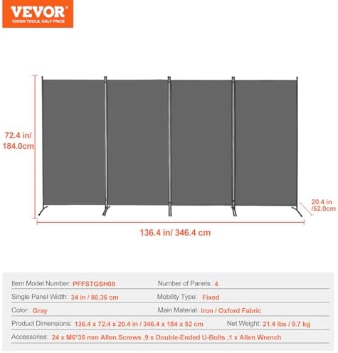 VEVOR Room Divider, 4 Panel Room Divider, Freestanding Room Partitions