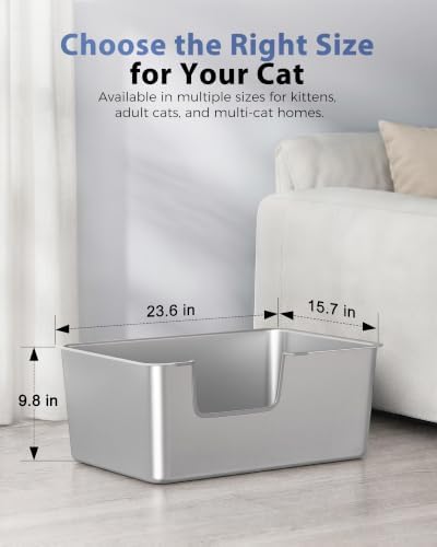 High-Sided Stainless Steel Cat Litter Box, Low Entry