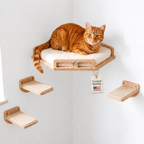 Cat Wall Shelves, Solid Wood Corner Bed, 3 Steps