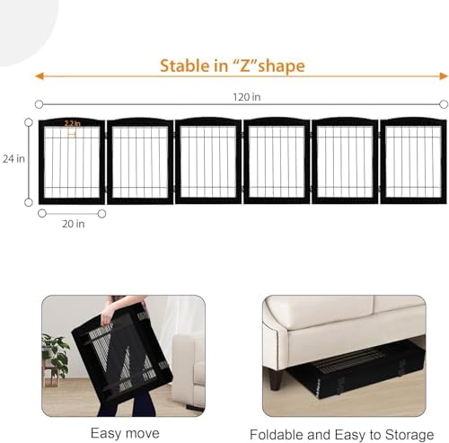 LZRS 6-Panel Extra Wide Wooden Freestanding Dog Gate: Foldable Solid Wood and