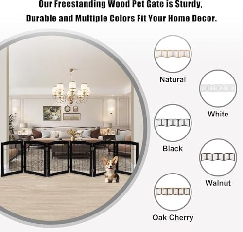 LZRS 6-Panel Extra Wide Wooden Freestanding Dog Gate: Foldable Solid Wood and