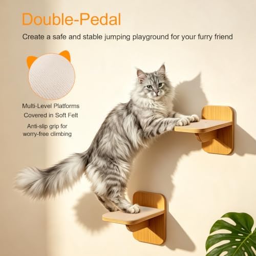 Wall-Mounted Cat Hammock with 2 Wooden Perching Steps—a Suspended Solid Wood