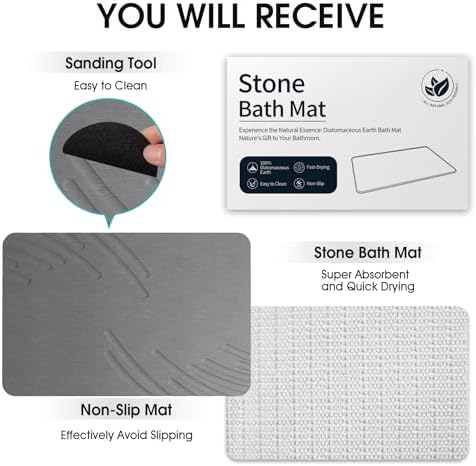 Stone Bath Mat Diatomaceous Earth Shower Mat Non Slip Super Absorbent Grey