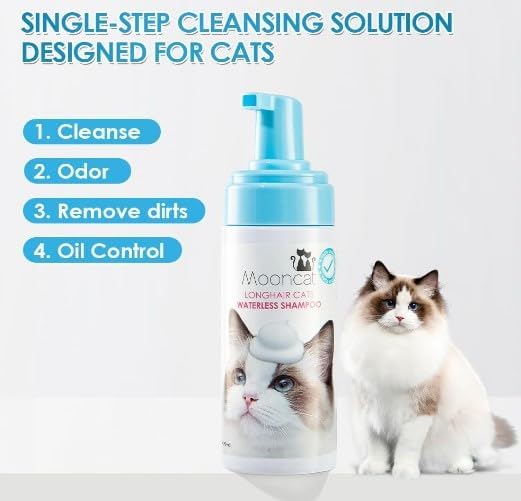 Mooncat Waterless Shampoo & Brush Kit for Longhair Cats | Complete Grooming System for Detangling, Deshedding & Matted Fur | Licking Safe No-Rinse Foam with Gentle Silicone Massager - Made in Taiwan