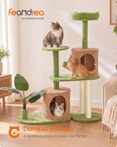 Feandrea Cat Tree, 42.9-Inch Multi-Level Plush Cat Tower, Artificial Leaves