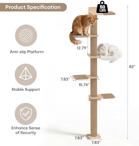 Tall Cat Tree, 5 Tier Floor Cats Tower, Wall-Mounted Kitten Sisal Scratching