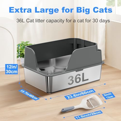 Non-Stick Stainless Steel Litter Box, XL Side Open Splash-Proof&Leak-Proof
