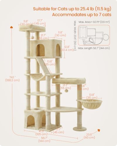 Feandrea Large Cat Tree, 74.1" Tall Sturdy Cat Tower