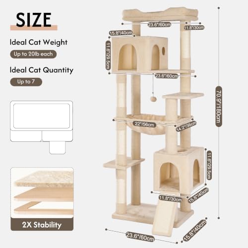 XXL Cat Tree Tower 70”with Oversized Bed, 2 Condos