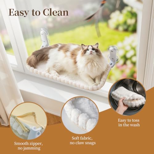 JUNSPOW Cat Window Perch, Foldable Cat Hammock, 4 Suction Cups White+Medium
