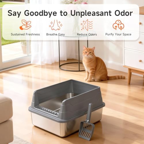 Stainless Steel Cat Litter Box Low Entry Litter Pan Include Scoop