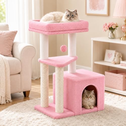 Small Cat Tree Tower for Indoor Cats, 33 Inches Multi-Level Cat Condo