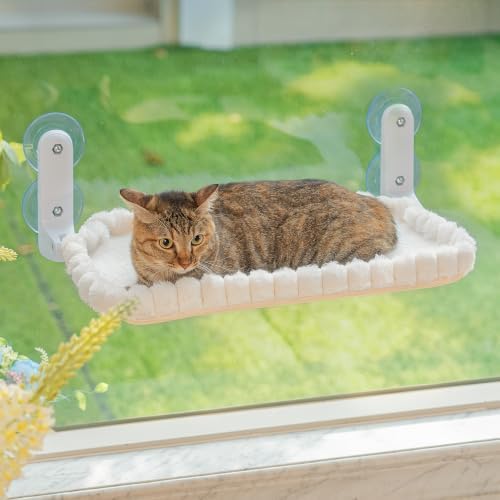 JUNSPOW Cat Window Perch, Foldable Cat Hammock, 4 Suction Cups White+Medium