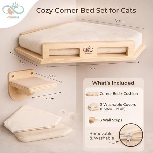 Cat Wall Shelves, Solid Wood Corner Bed, 3 Steps