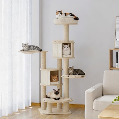 NUNU LAB 69’’ Modern Cat Tree for Large Cats, Wood Cat Tree Tower