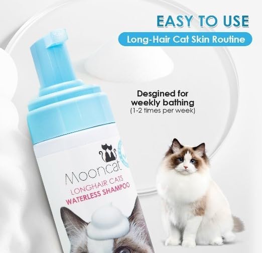 Mooncat Waterless Shampoo & Brush Kit for Longhair Cats | Complete Grooming System for Detangling, Deshedding & Matted Fur | Licking Safe No-Rinse Foam with Gentle Silicone Massager - Made in Taiwan