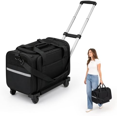 Rolling Pet Carrier with Wheels & Pull Bar, Foldable Cat Carrier