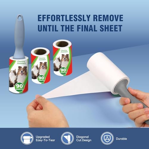 Pet Hair Lint Rollers, 3 Pack, 90 Sheets Each– Reusable Sticky Roller