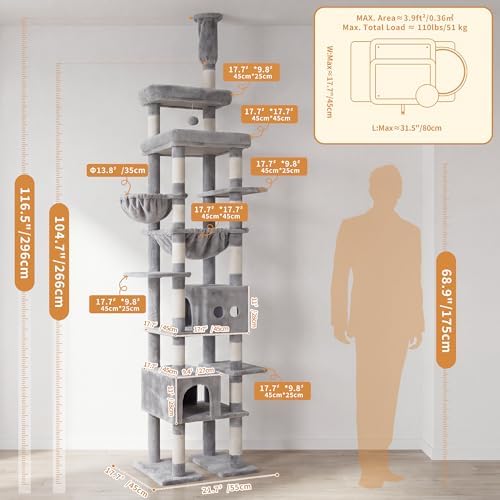 Heybly Floor to Ceiling Cat Tree, 104.7"-116.5" Height-Adjustable HCT92W