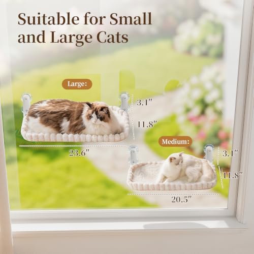 JUNSPOW Cat Window Perch, Foldable Cat Hammock, 4 Suction Cups White+Medium