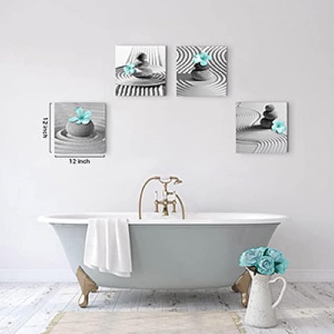 Yxbhhym Gray Wall Art Zen Wall Art Teal Floral Paintings Black and White Decor Zen Stone Sand Pebble Canvas Flower Artwork for Wall Home Decoration Bathroom Wall Decor 12''x12''x4pcs