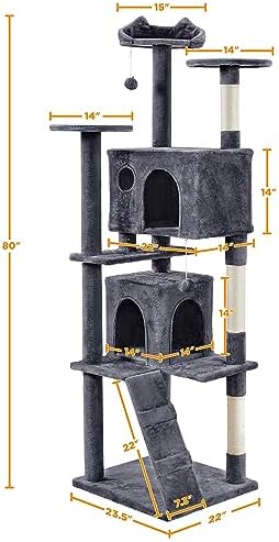 Yaheetech 80in XL Multi-Level Cat Tree, Double Caves, Sisal Posts