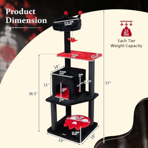 PETSITE 57-inch Gothic Cat Tree, Bat-Shaped Dangling Ball, Comfy Condo