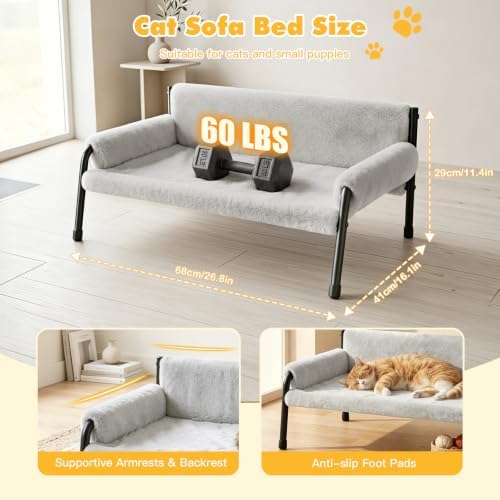 Pawaboo Elevated Cat Couch Bed for Indoor Cats, Sturdy Metal Frame Cat Sofa
