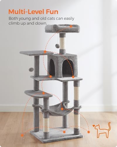 Feandrea Cat Tree, 54.2-Inch Cat Tower, Light Gray