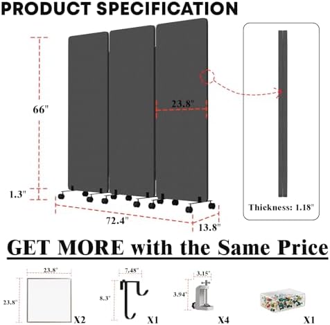 3 Panel Soundproof Room Divider W/Wheels, Office Divider