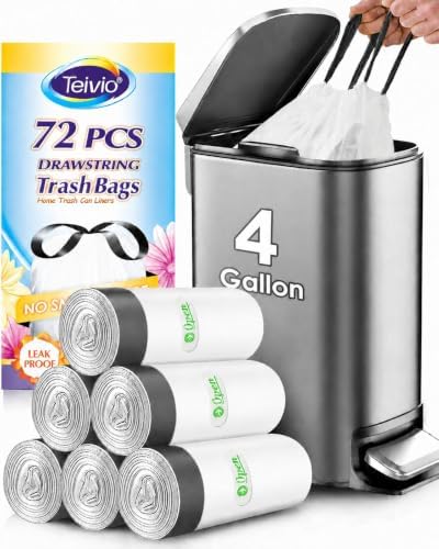 Teivio 4 Gallon Small Drawstring Trash Bags, Small Plastic Bin Liners fit 3.3