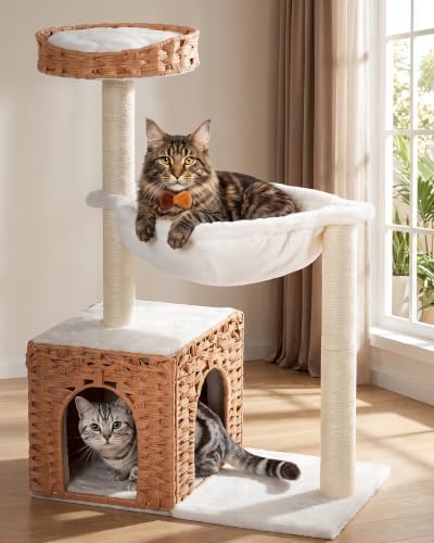 34" Modern Cat Tree with Large Hammock, Extra-Long Scratching Post