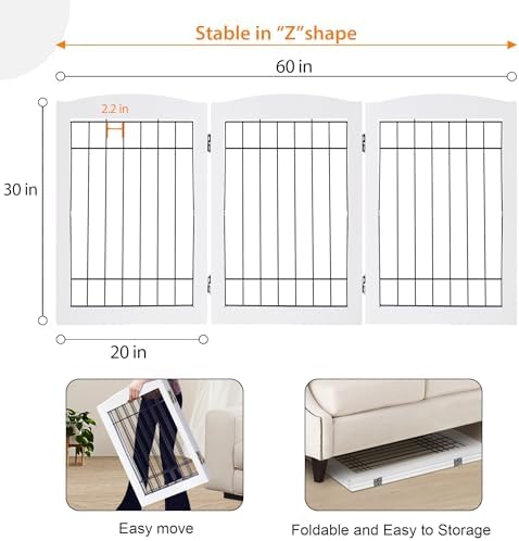 LZRS 3-Panel Freestanding Adjustable Wooden Dog Gate—30" Tall Foldable Pet